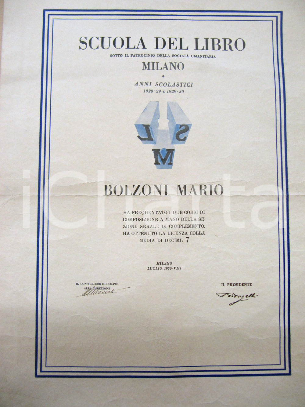 Oggetto da collezione cartaceo 1930 MILANO SCUOLA DEL LIBRO Attestato Mario BOLZONI composizione a mano 1