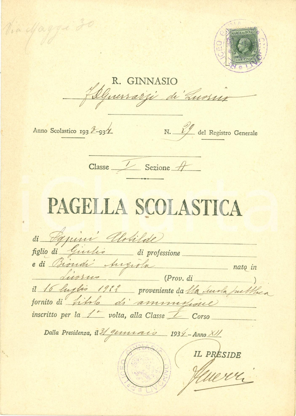 Oggetto da collezione cartaceo 1934 LIVORNO Pagella Clotilde PAPINI Regio Ginnasio GUERRAZZI 1