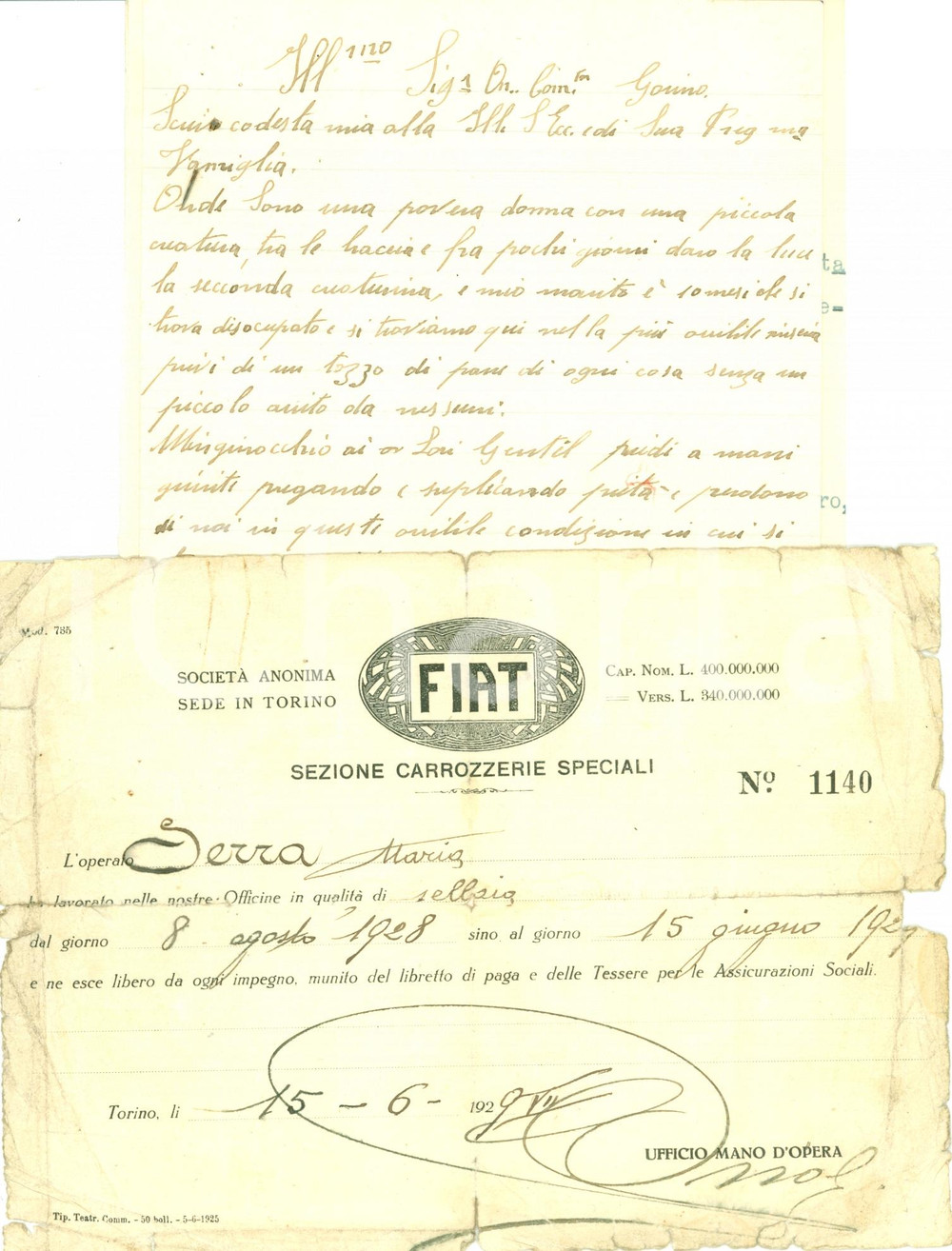 Manoscritto, lettera originale 1933 TORINO Sellaia Maria SERRA licenziata dalla FIAT Lotto lettere 1
