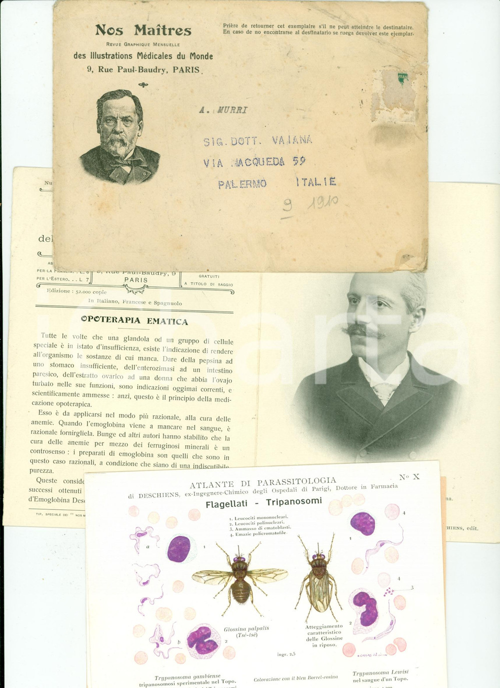Materiale pubblicitario d’epoca 1910 NOS MAITRES Illustrations MÃ©dicales 9 Augusto MURRI Emoglobina DESCHIENS 1