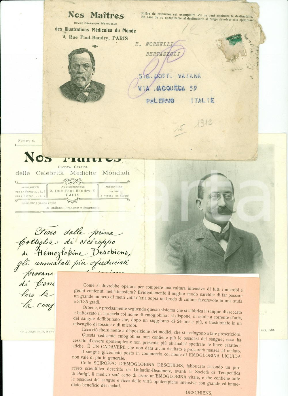 Materiale pubblicitario d’epoca 1912 NOS MAITRES Illustrations MÃ©dicales 15 Enrico MORSELLI Emoglobina DESCHIENS 1