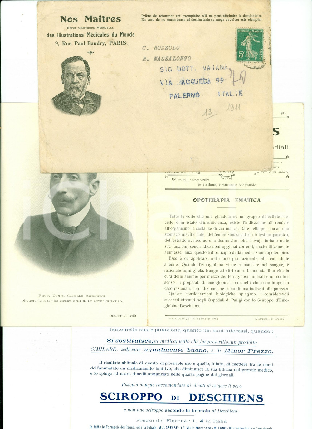 Materiale pubblicitario d’epoca 1911 NOS MAITRES Illustrations MÃ©dicales 13 Camillo BOZZOLO Sciroppo DESCHIENS 1