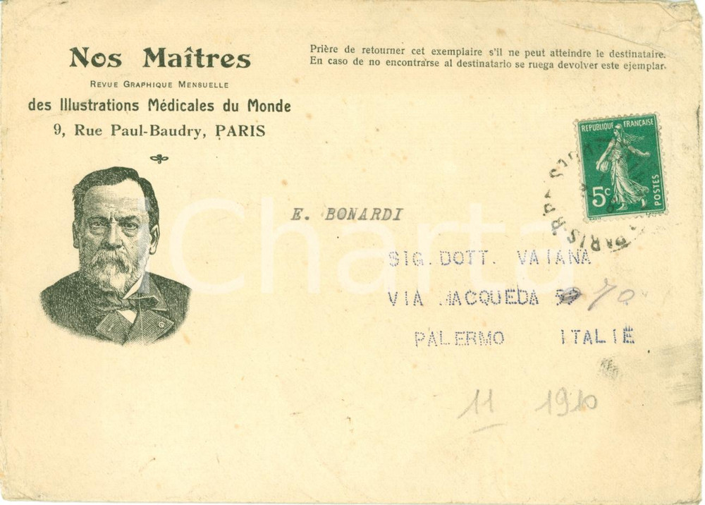 Materiale pubblicitario d’epoca 1910 NOS MAITRES Illustrations MÃ©dicales SOLO BUSTA viaggiata 1