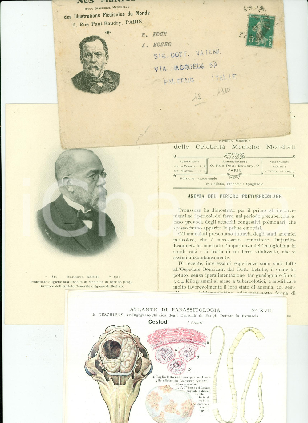 Materiale pubblicitario d’epoca 1910 NOS MAITRES Illustrations MÃ©dicales 12 Roberto KOCH Emoglobina DESCHIENS 1