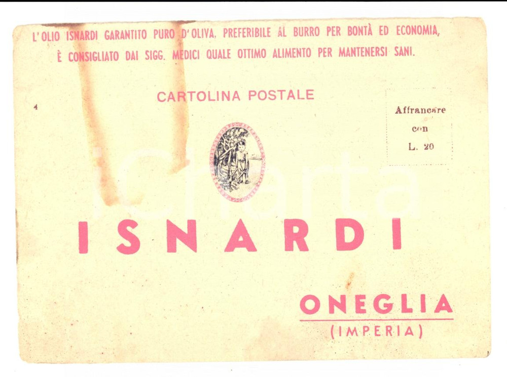 Cartolina originale da collezione 1950 ca ONEGLIA Olio ISNARDI e sapone da bucato Cartolina commerciale FG VG 1