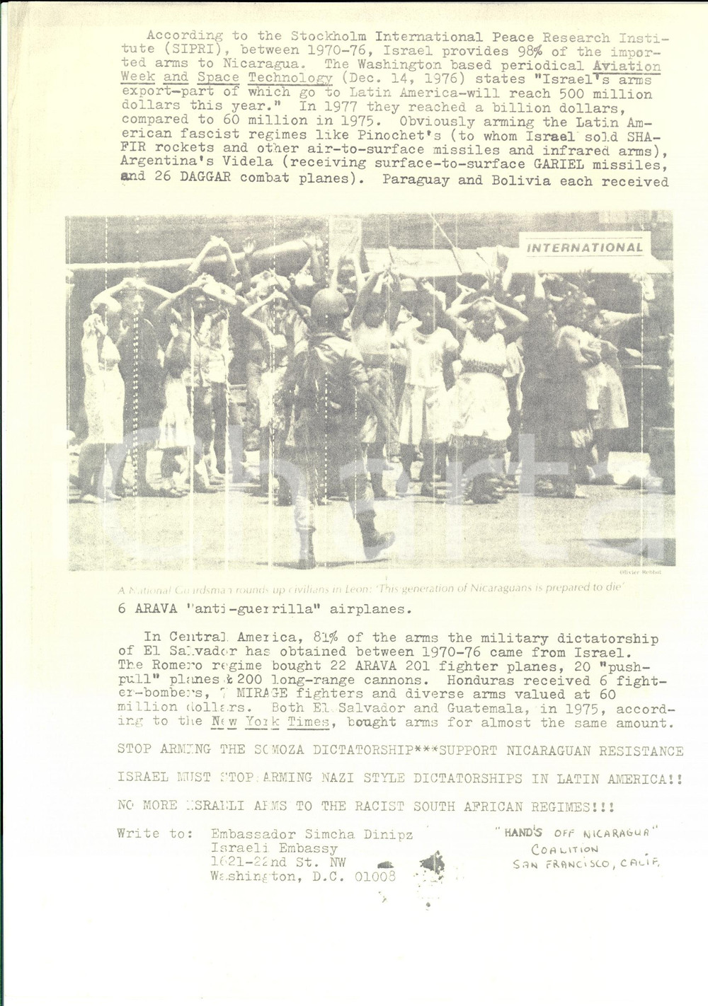 Materiale pubblicitario d’epoca 1976 NICARAGUA Israele must stop arming nazi style dictatorship PROPAGANDA 1