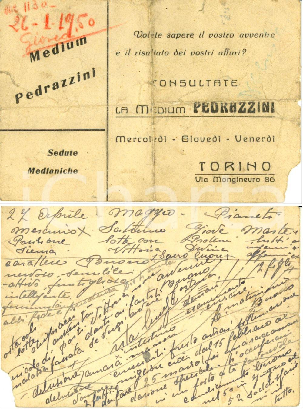 Oggetto da collezione cartaceo 1950 TORINO Sedute spiritiche medium PEDRAZZINI previsione futuro Biglietto 1