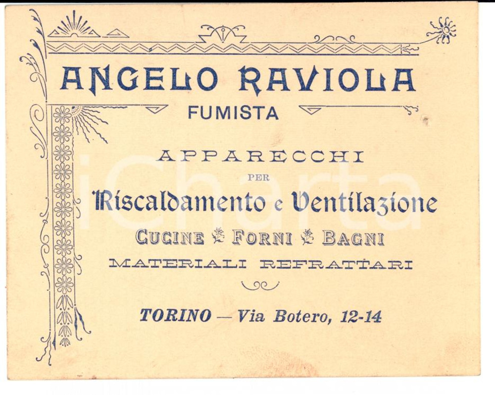 Documento originale, autentico 1910 ca TORINO Angelo RAVIOLA fumista   Riscaldamento e ventilazione 1