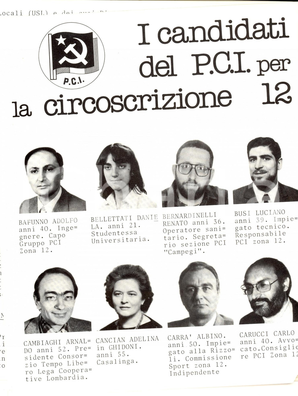 Materiale pubblicitario d’epoca 1985 MILANO Elezioni regionali  LOMBARDIA Candidati del PCI Circoscrizione 12 1