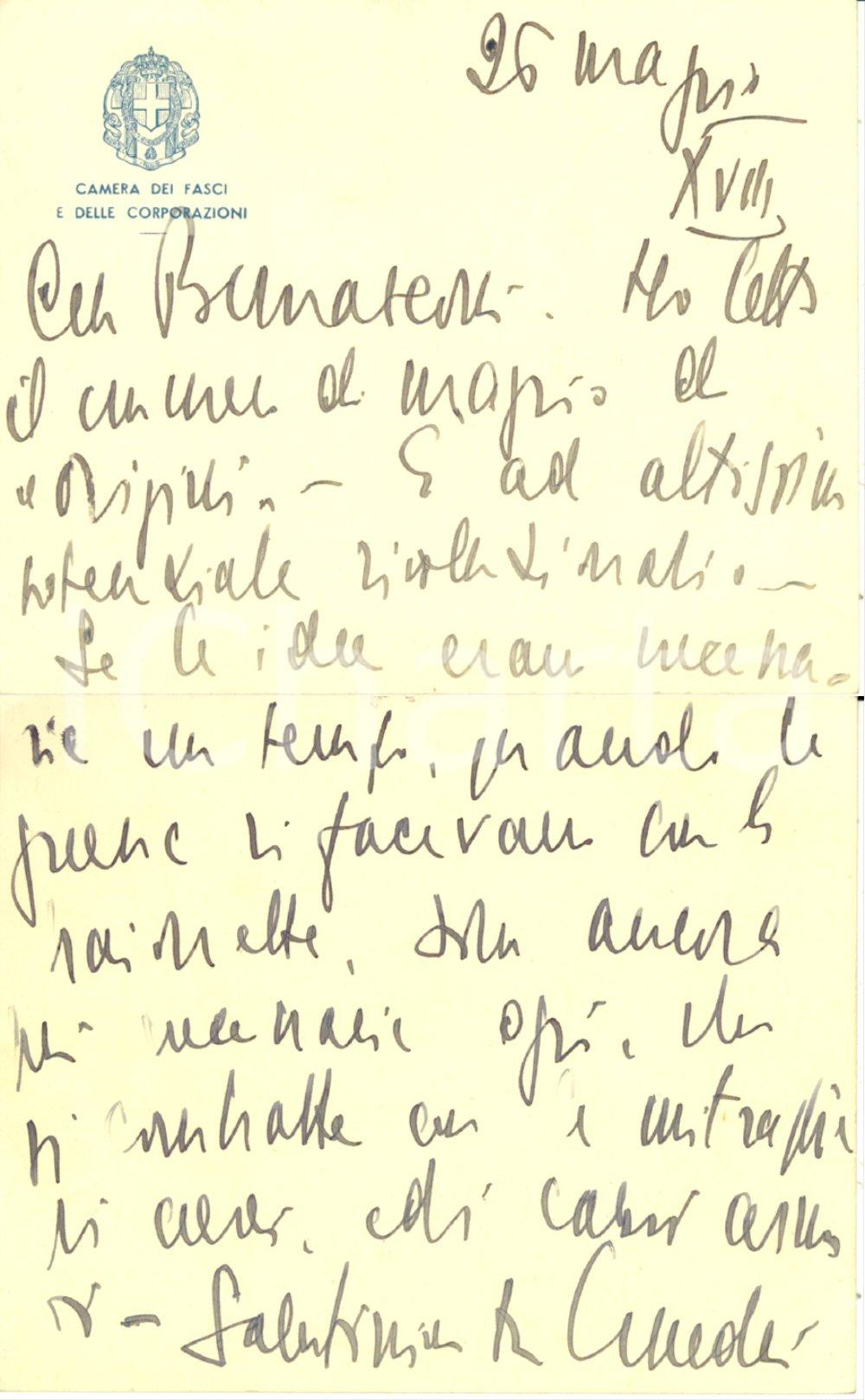 Autografo originale 1940 ROMA On. Manlio CANDRILLI sulla necessità di idee rivoluzionarie Autografo 1