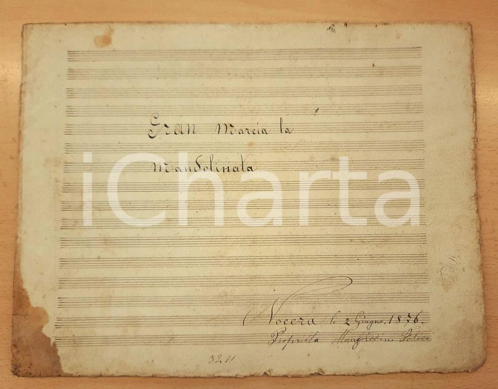 Oggetto da collezione cartaceo 1876 NOCERA Felice MANFREDINI Gran marcia LA MANDOLINATA Partitura INEDITA ? 1