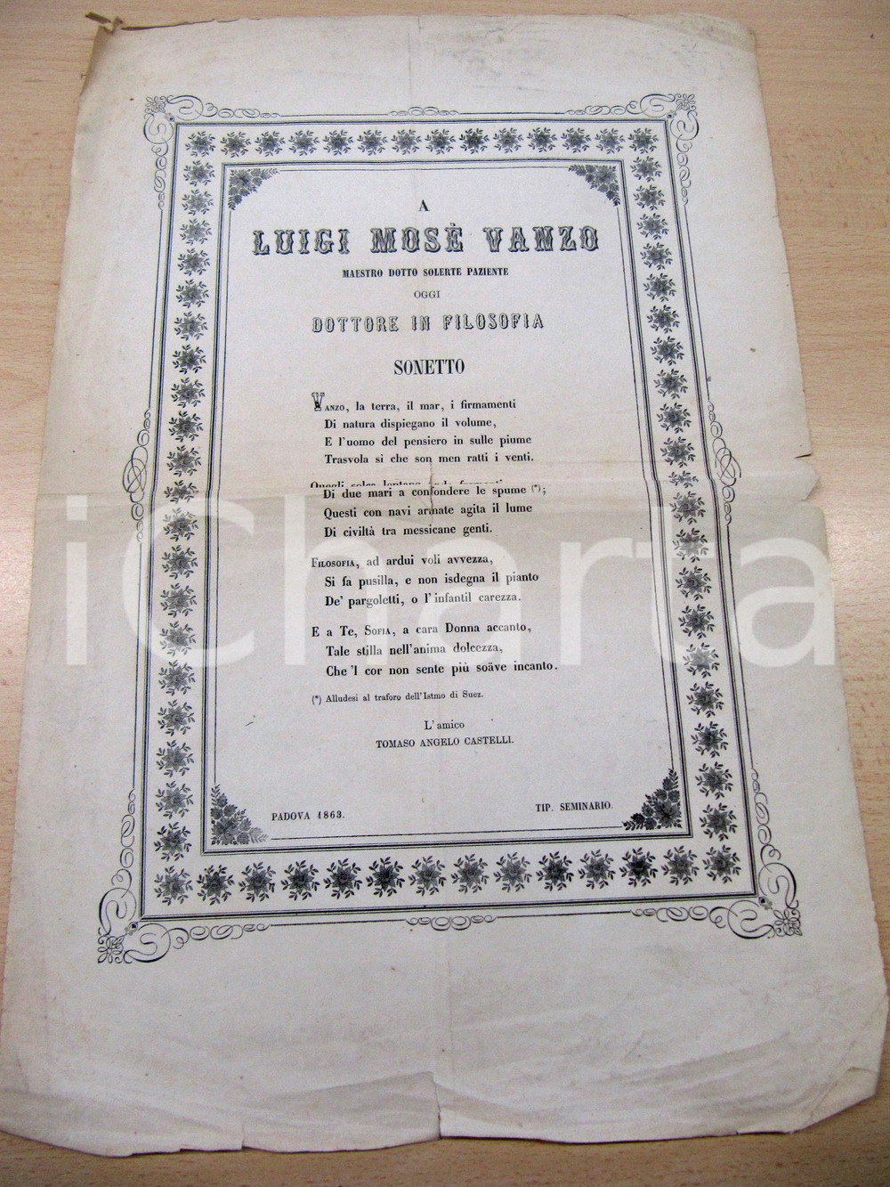 Documento originale, autentico 1863 PADOVA Sonetto per Luigi MosÃ¨ VANZO Laurea in filosofia Manifesto 1