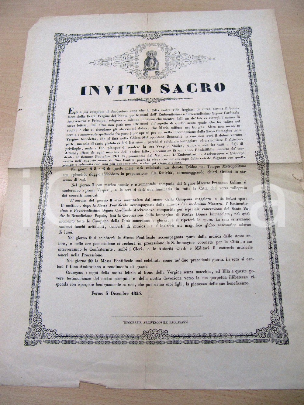 Documento originale, autentico 1855 FERMO Luminaria per prima festa IMMACOLATA CONCEZIONE Manifesto 1