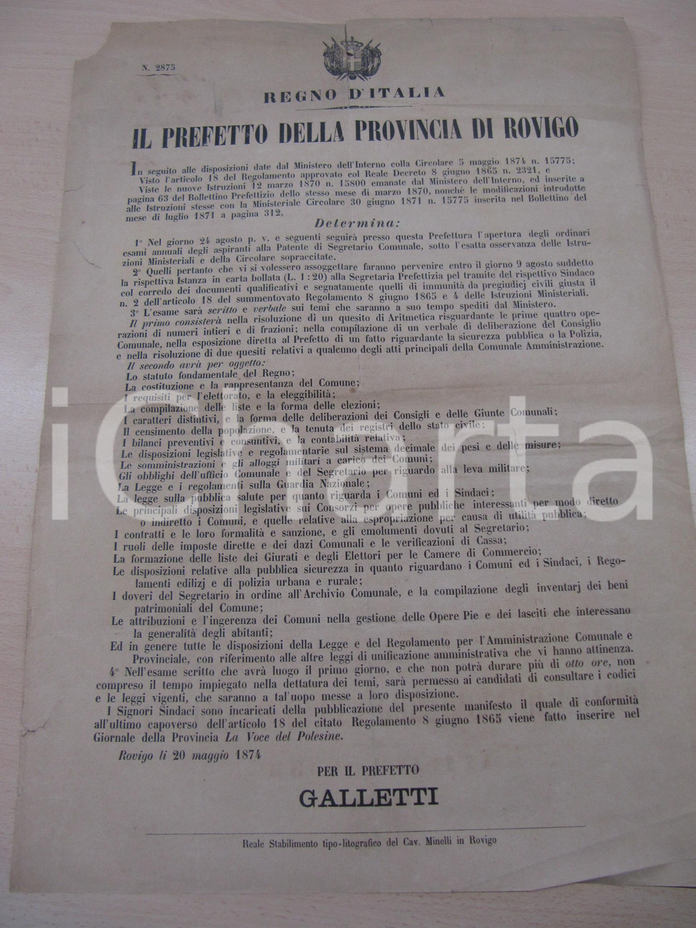 Documento originale, autentico 1874 ROVIGO Esami per aspiranti al posto di segretario comunale Manifesto 1