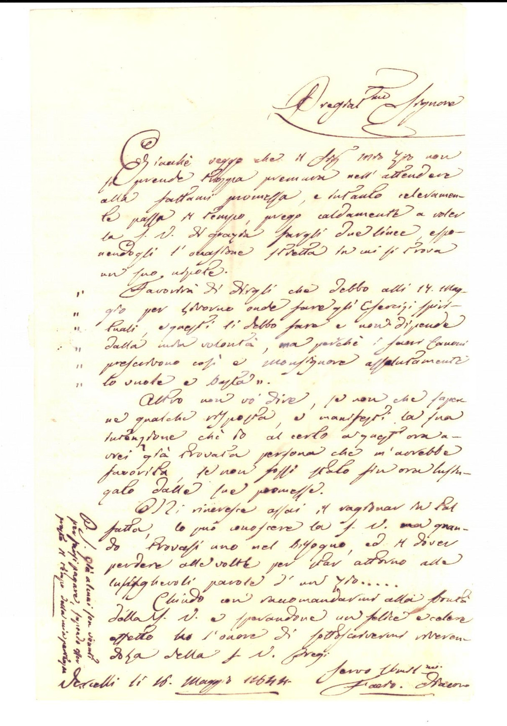 Manoscritto, lettera originale 1844 VERCELLI Diacono FACCIO senza denaro per gli esercizi spirituali 1