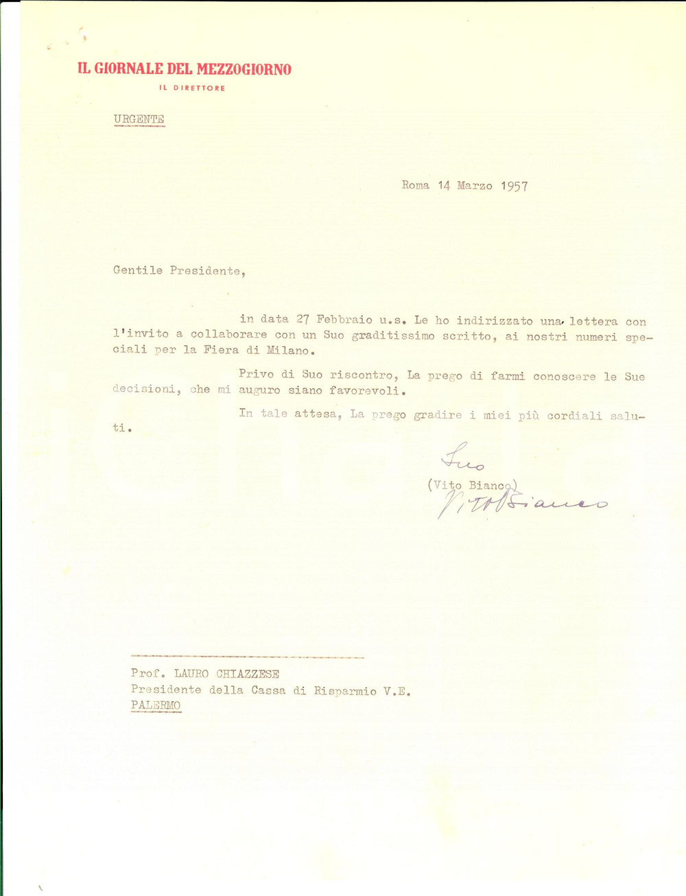 Autografo originale 1957 ROMA Il GIORNALE DEL MEZZOGIORNO Autografo Vito BIANCO 1