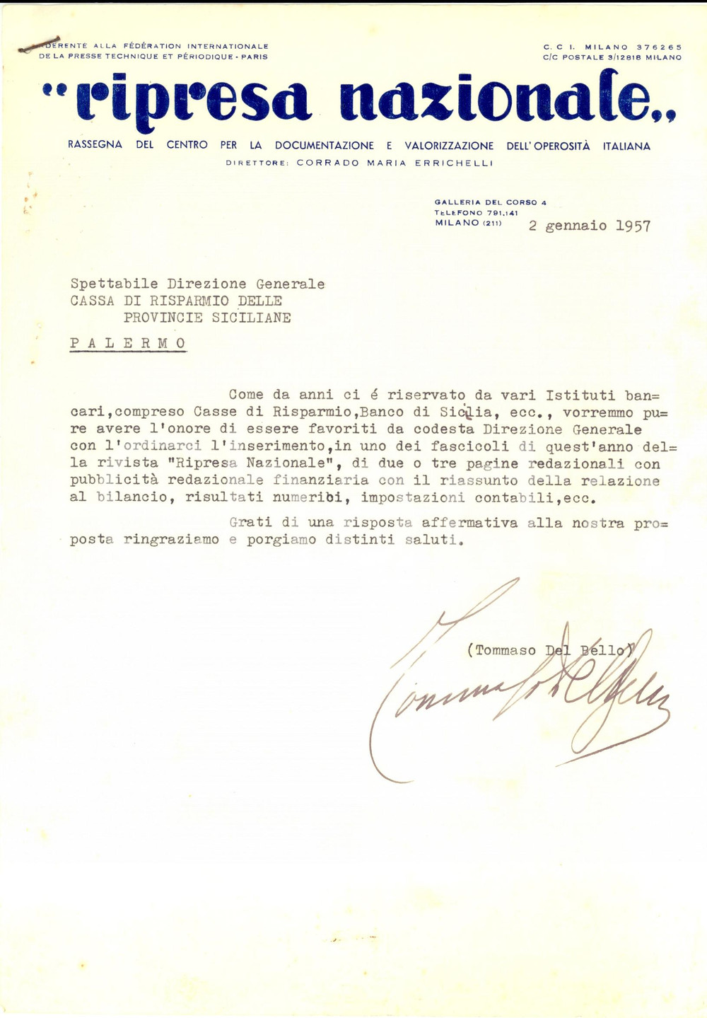 Autografo originale 1957 MILANO RIPRESA NAZIONALE Autografo direttore Tommaso DEL BELLO 1