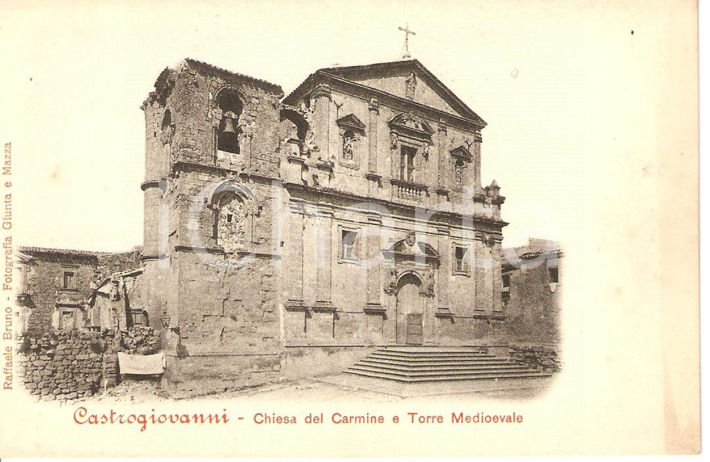 Cartolina originale da collezione 1900 ca CASTROGIOVANNI EN Chiesa del Carmine e Torre Medioevale FP NV 1