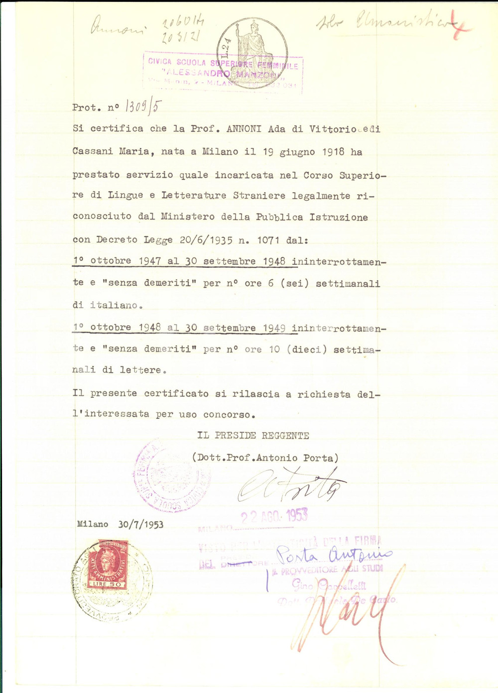 Autografo originale 1953 MILANO Liceo MANZONI Certificato con autografo preside Antonio PORTA Shoah 1