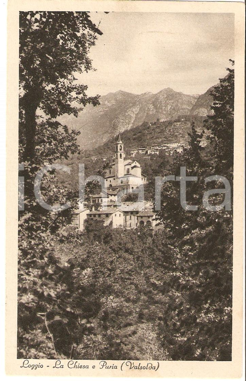 Cartolina originale da collezione 1930 ca LOGGIO CO Veduta panoramica Chiesa e Puria Cartolina FP NV 1