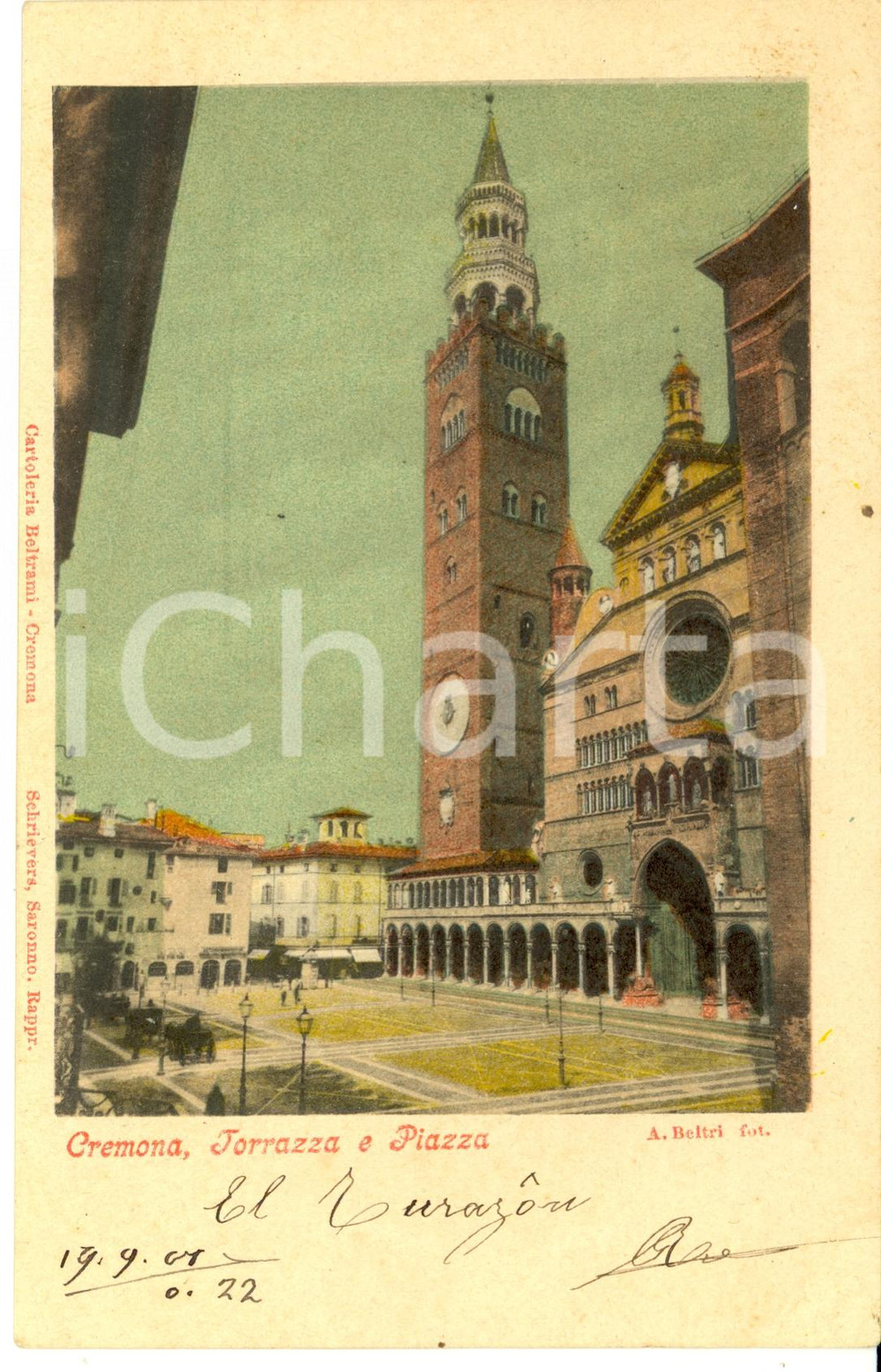 Cartolina originale da collezione 1901 CREMONA Veduta della piazza con la TORRAZZA Cartolina FP VG 1