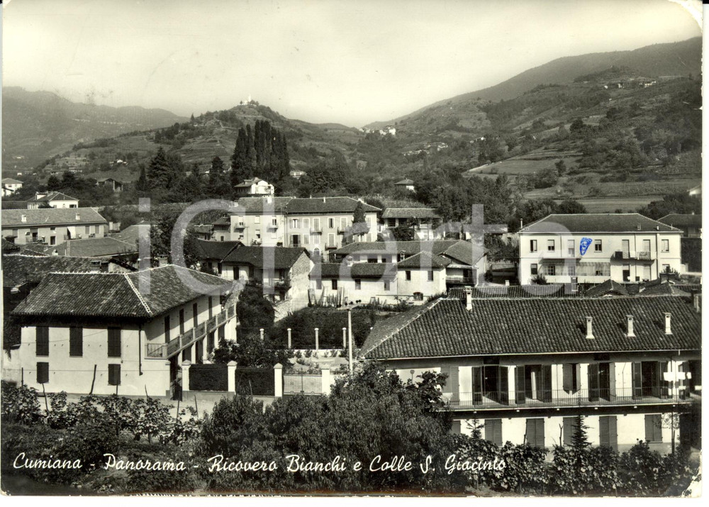 Cartolina originale da collezione 1959 CUMIANA TO Panorama con RICOVERO BIANCHI e COLLE S.GIACINTO FG VG 1
