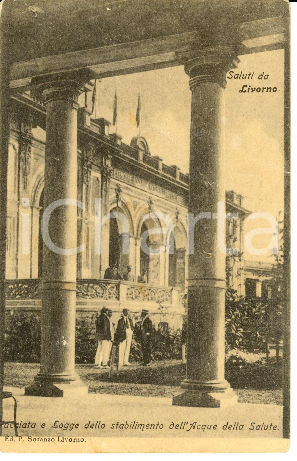 Cartolina originale da collezione 1910 ca LIVORNO Loggia stabilimento ACQUE DELLA SALUTE DANNEGGIATA FP NV 1