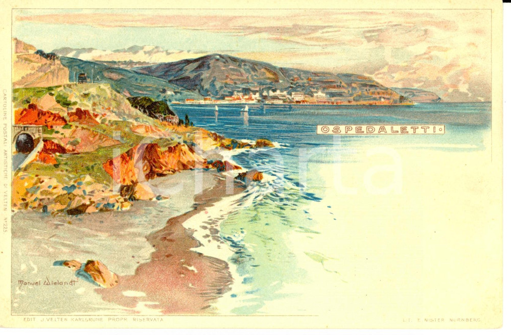 Cartolina originale da collezione 1900 ca OSPEDALETTI IM Veduta del golfo Ill. Manuel WIELANDT Cartolina FP NV 1