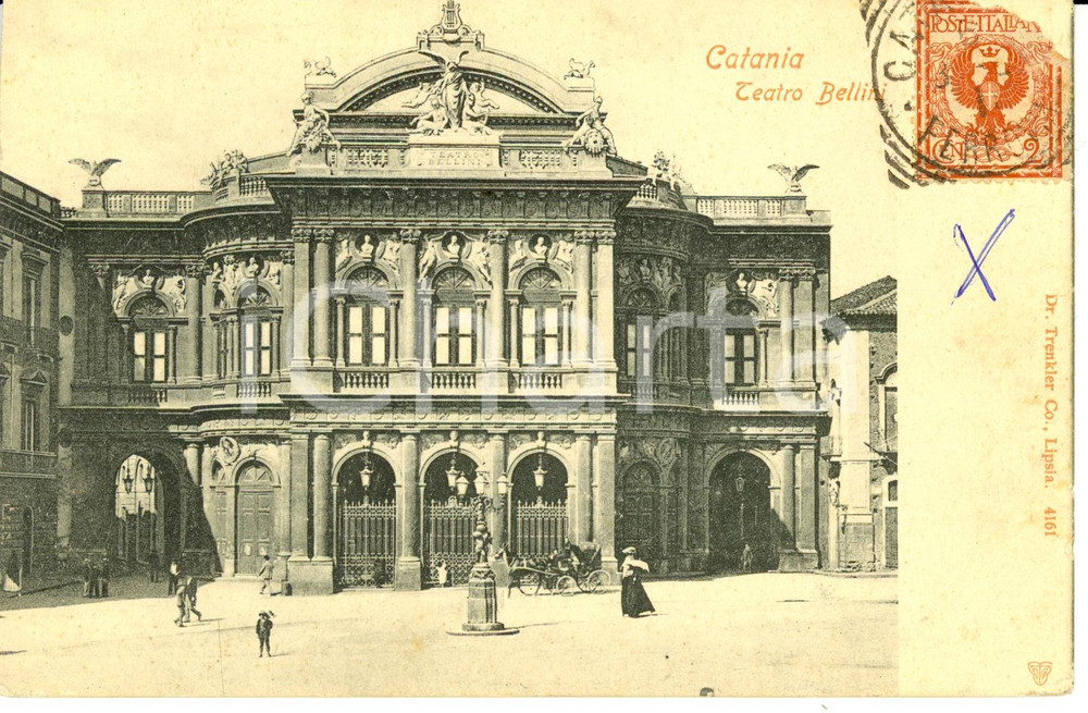 Cartolina originale da collezione 1900 ca CATANIA Veduta del Teatro BELLINI con carrozza Cartolina FP NV 1