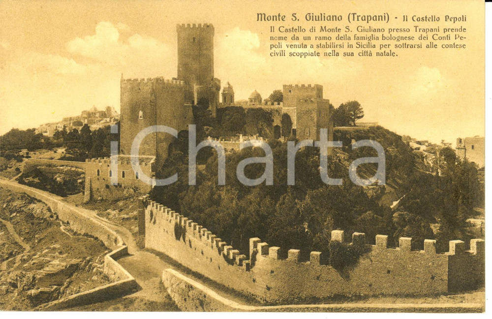 Cartolina originale da collezione 1920 ca ERICE / MONTE SAN GIULIANO TR Veduta panoramica Castello PEPOLI FP NV 1