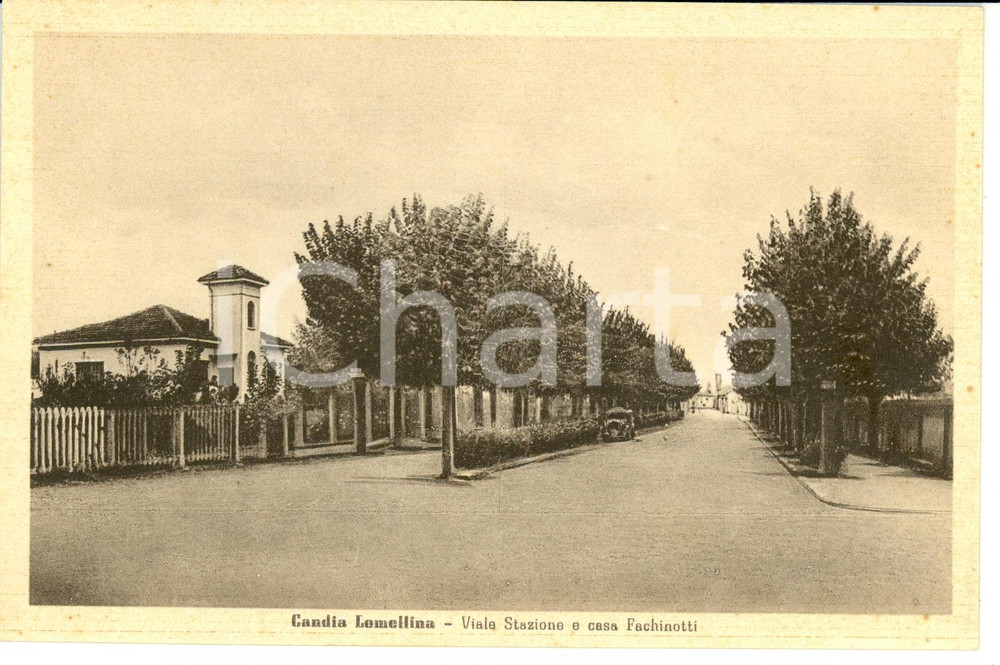 Cartolina originale da collezione 1930 ca CANDIA LOMELLINA PV Veduta Viale Stazione e casa FACHINOTTI FP NV 1