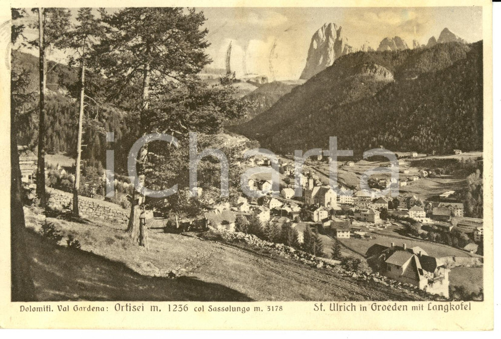 Cartolina originale da collezione 1957 ORTISEI BZ Panorama delle DOLOMITI con SASSOLUNGO Cartolina FP VG 1