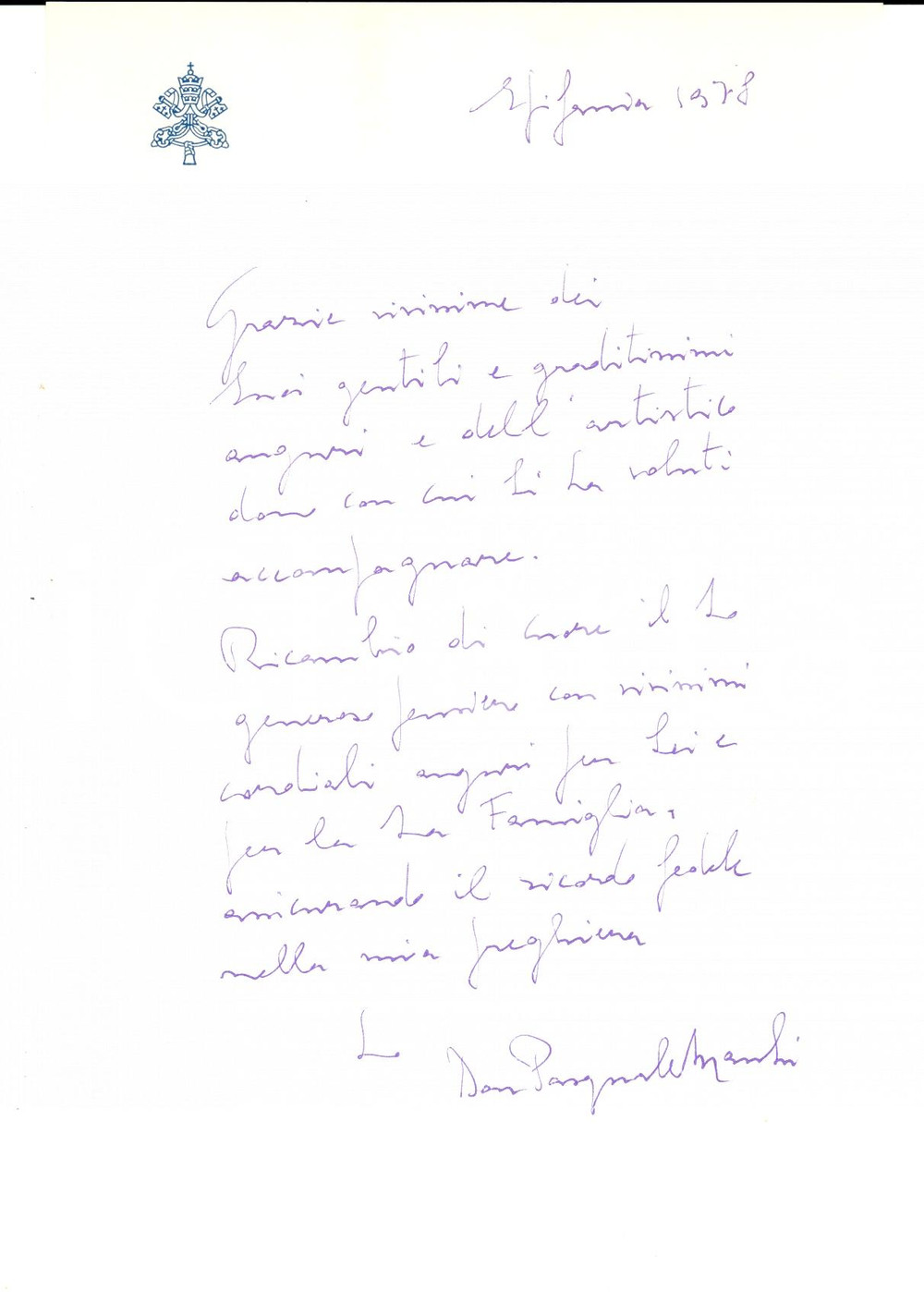 Autografo originale 1978 CITTA  DEL VATICANO Don Pasquale BIANCHI ringrazia per un dono Autografo 1