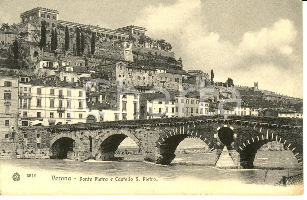 Cartolina originale da collezione 1906 VERONA Veduta panoramica ponte PIETRA e Castello S. PIETRO Cartolina FP VG 1