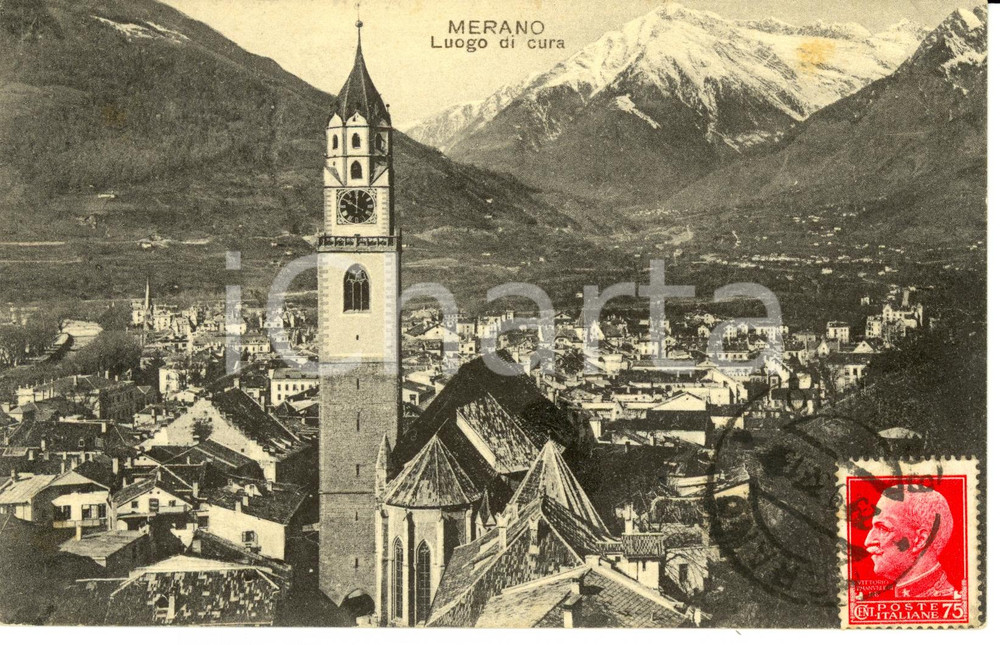 Cartolina originale da collezione 1932 MERANO BZ Veduta panoramica con chiesa parrocchiale Cartolina FP VG 1