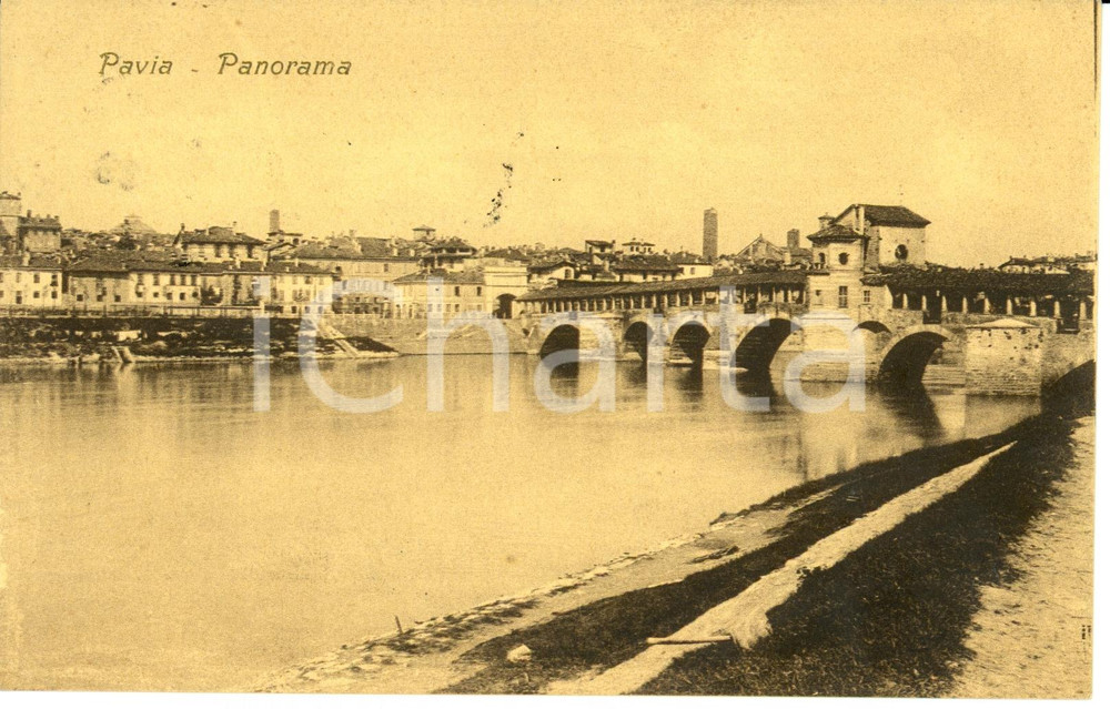 Cartolina originale da collezione 1908 PAVIA Scorcio panoramico con ponte coperto sul TICINO Cartolina FP VG 1
