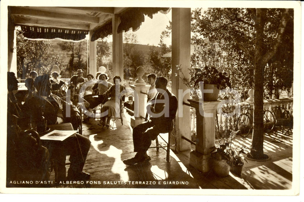 Cartolina originale da collezione 1934 AGLIANO TERME AT Veduta terrazzo e giardino Albergo FONS SALUTIS FP VG 1