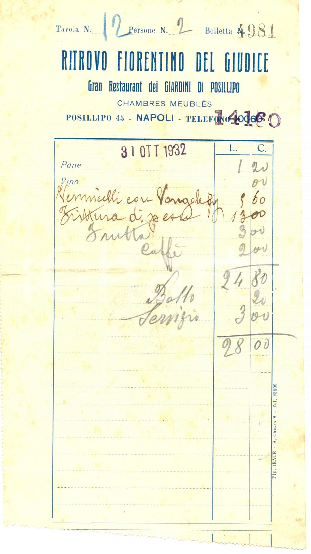 Documento originale, autentico 1932 NAPOLI POSILLIPO Ristorante Ritrovo Fiorentino del Giudice Fattura 1