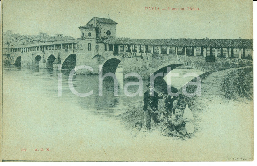 Cartolina originale da collezione 1898 PAVIA Veduta del ponte coperto sul TICINO Cartolina ANIMATA FP VG 1
