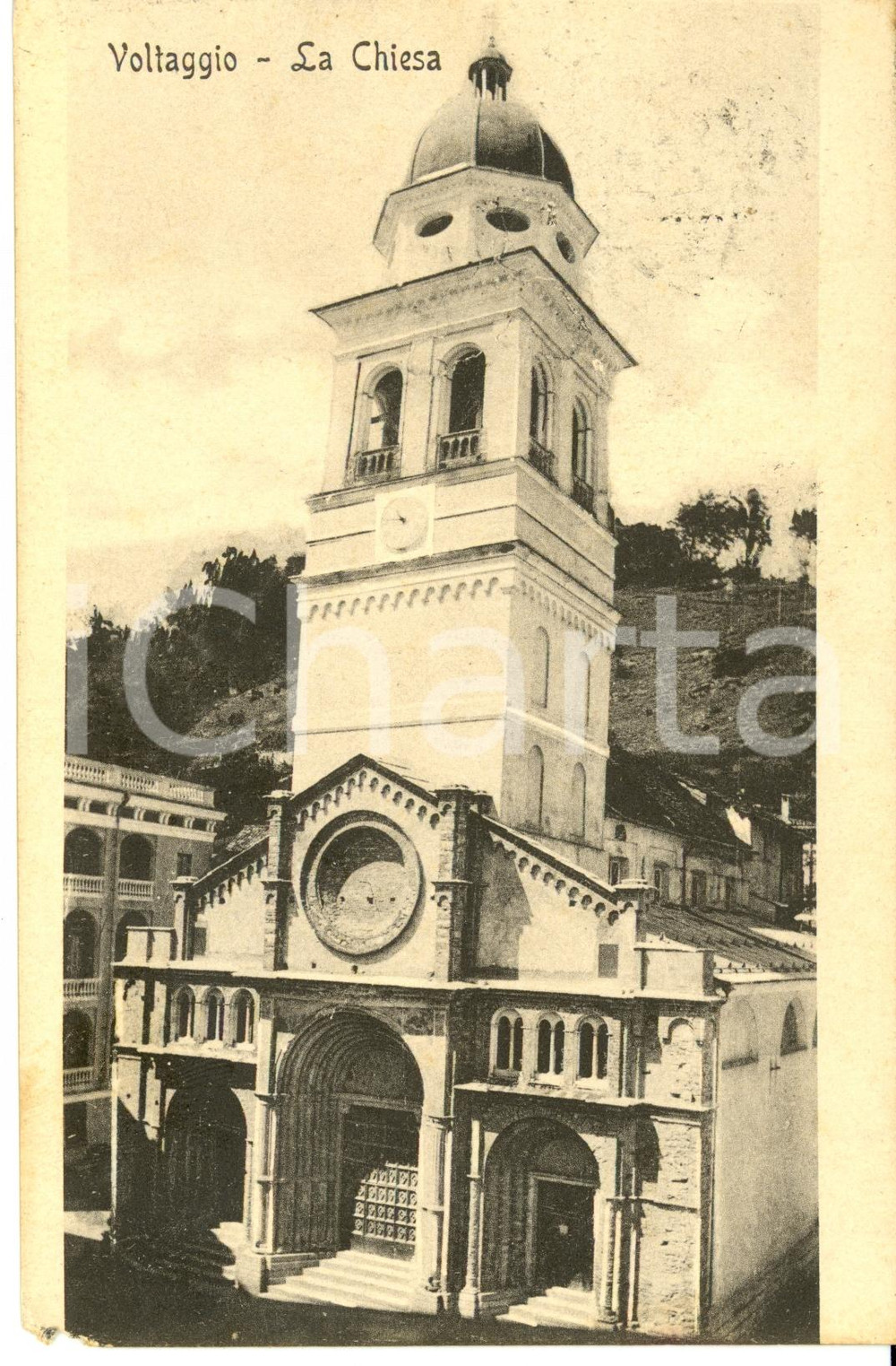 Cartolina originale da collezione 1920 VOLTAGGIO AL Chiesa dell Assunta e SS.Nazario e Celso FP VG DANNEGGIATA 1
