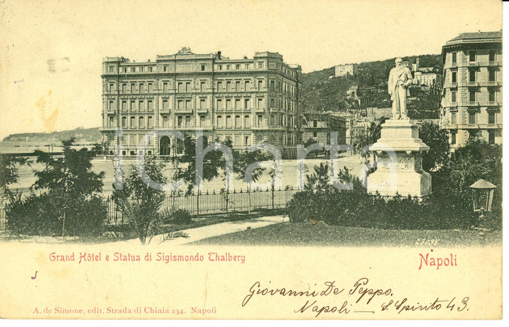 Cartolina originale da collezione 1901 NAPOLI Veduta del GRAND HOTEL e statua Sigismondo THALBERG Cartolina FP VG 1