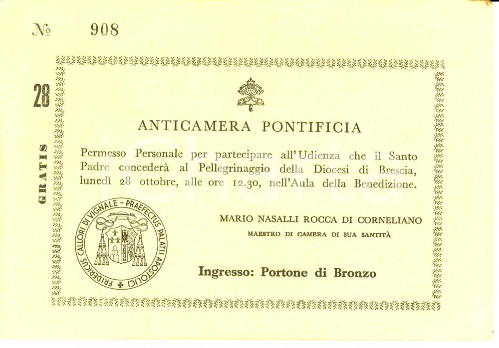 Oggetto da collezione cartaceo 1963 ANTICAMERA PONTIFICIA Biglietto personale udienza di Papa PAOLO VI 1