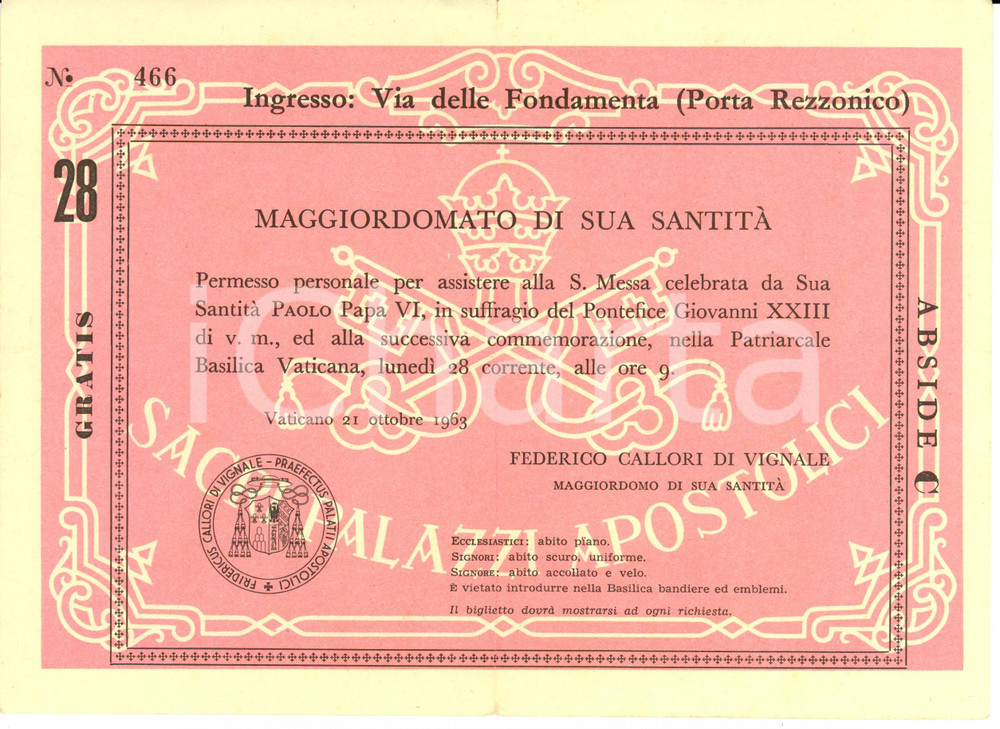 Oggetto da collezione cartaceo 1963 MAGGIORDOMATO SUA SANTITA  Permesso personale Santa Messa GIOVANNI XXIII 1