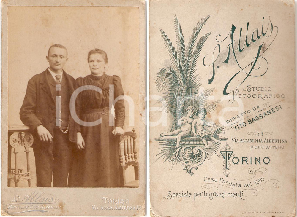 Fotografia d epoca originale 1890 ca TORINO Ritratto coppia di sposi Fotografia ALLAIS Tito BASSANESI 1