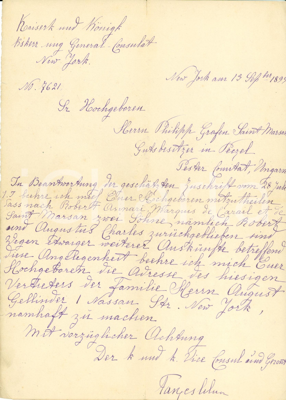 Documento originale, autentico 1899 NEW YORK Informazioni genealogiche Roberto ASINARI DI SAN MARZANO 1