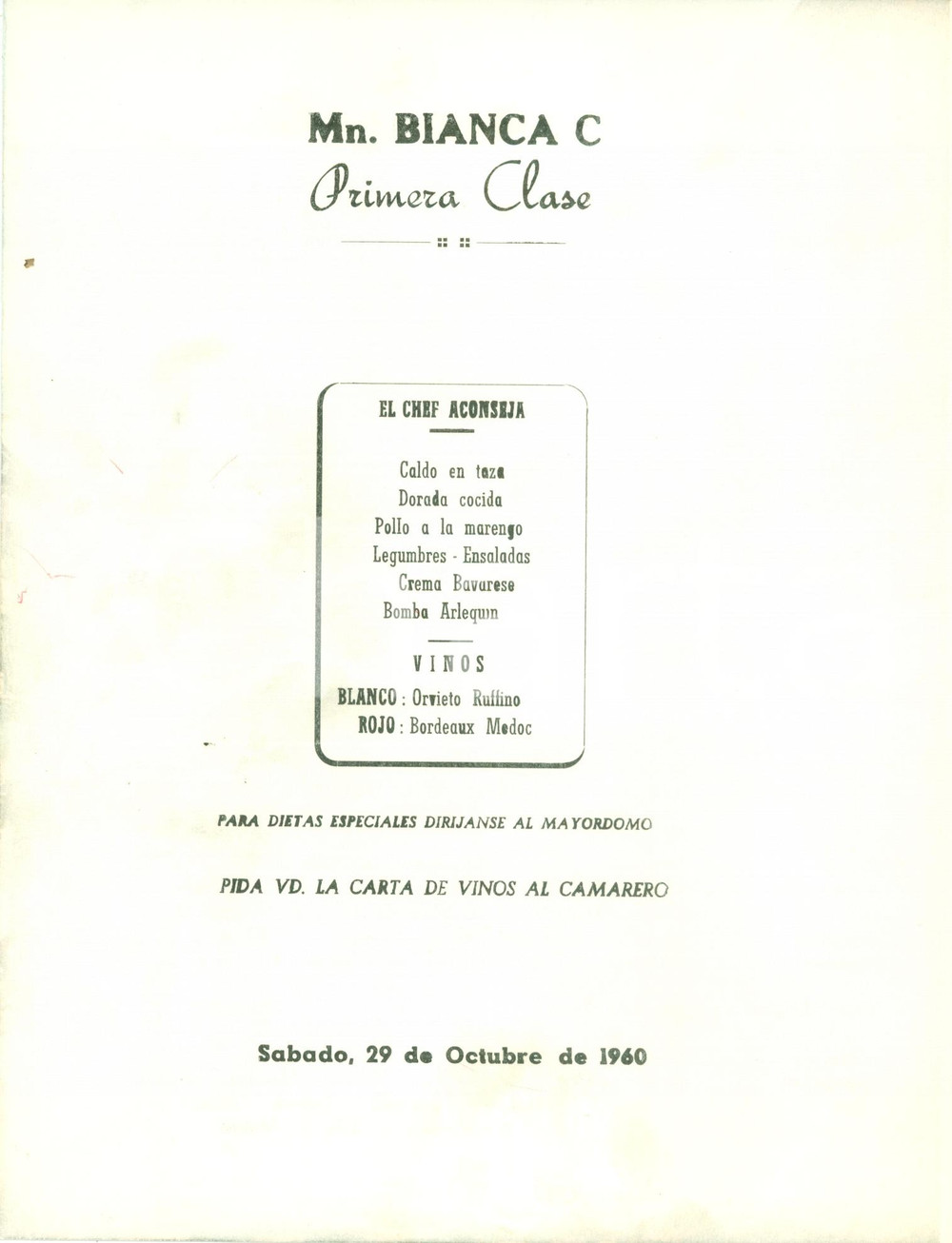 1960 M/N BIANCA C Comida Menù pranzo prima classe *ILLUSTRATO Giovanni SEGANTINI