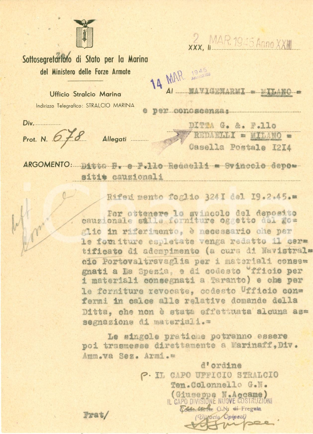 Documento originale, autentico 1945 MILANO RSI Ditta REDAELLI chiude pratiche per forniture MARINA Documento 1