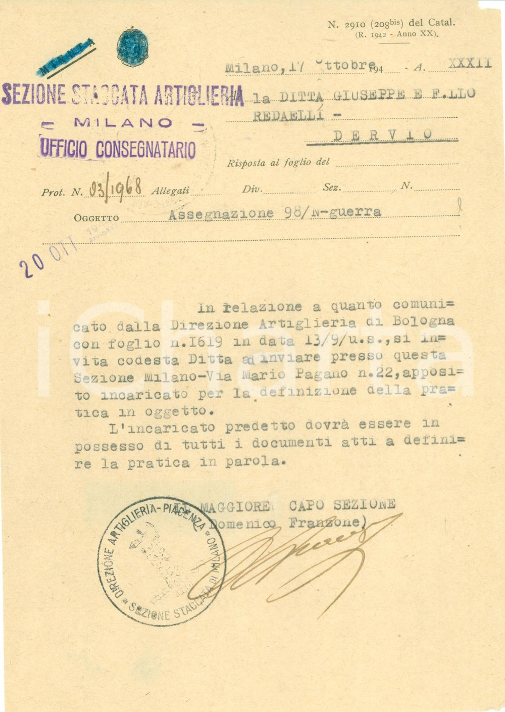 Documento originale, autentico 1944 MILANO WWII Ditta REDAELLI invia incaricato a Sezione ARTIGLIERIA Documento 1