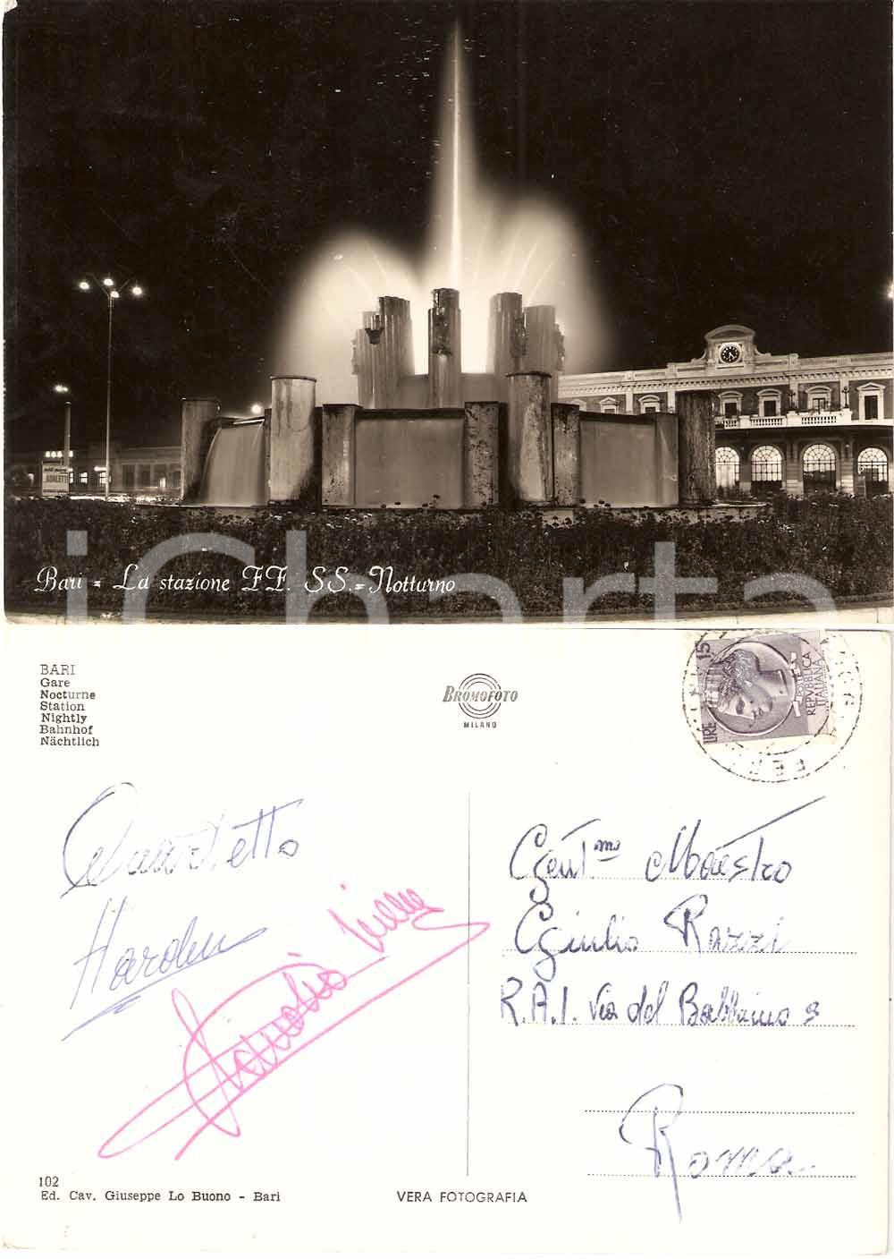 Autografo originale 1955 BARI Stazione FFSS Claudio VILLA a Giulio RAZZI AUTOGRAFO Quartetto HARDEN 1