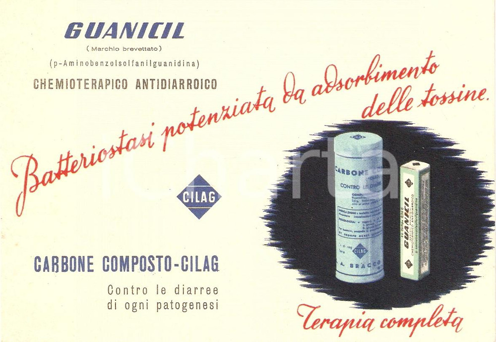 Materiale pubblicitario d’epoca 1950 ca MILANO Laboratori CILAG Farmaco GUANICIL Illustrata Cartolina FG 1